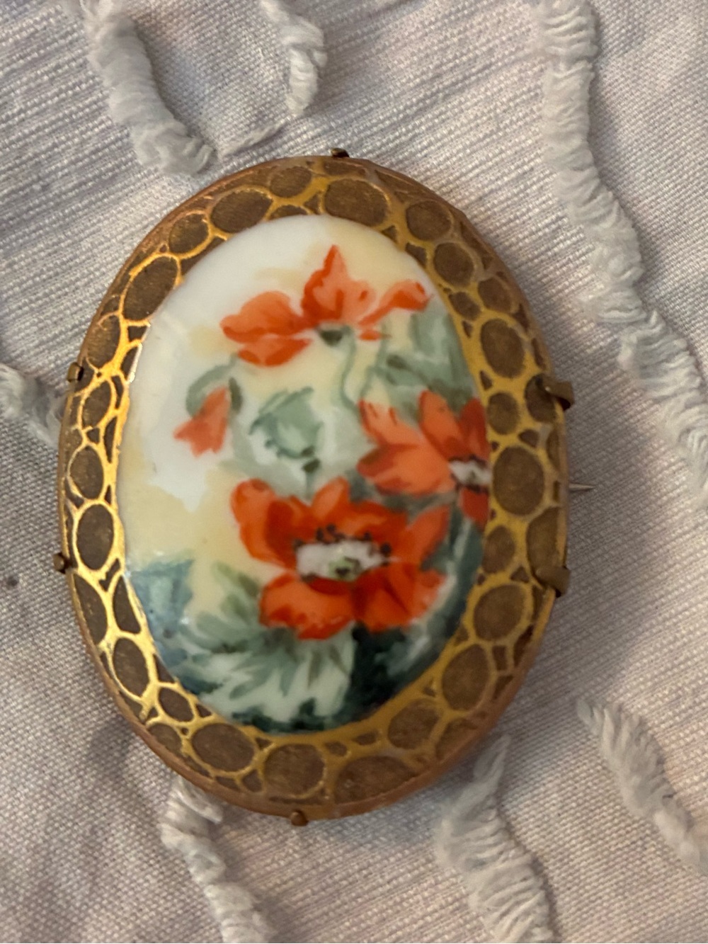 Vintage Floral Porcelain Poppy Brooch - Orange Floral Accent
